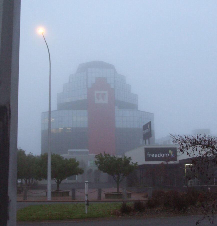 Woodcorp Building on foggy morning