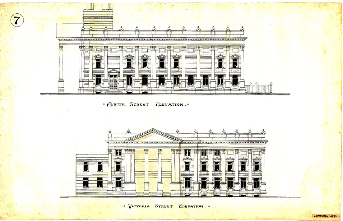 Wellington Town Hall and Municipal Offices Design Competition, winning design, Mercer Street and Victoria Street [Wakefield Street] elevations