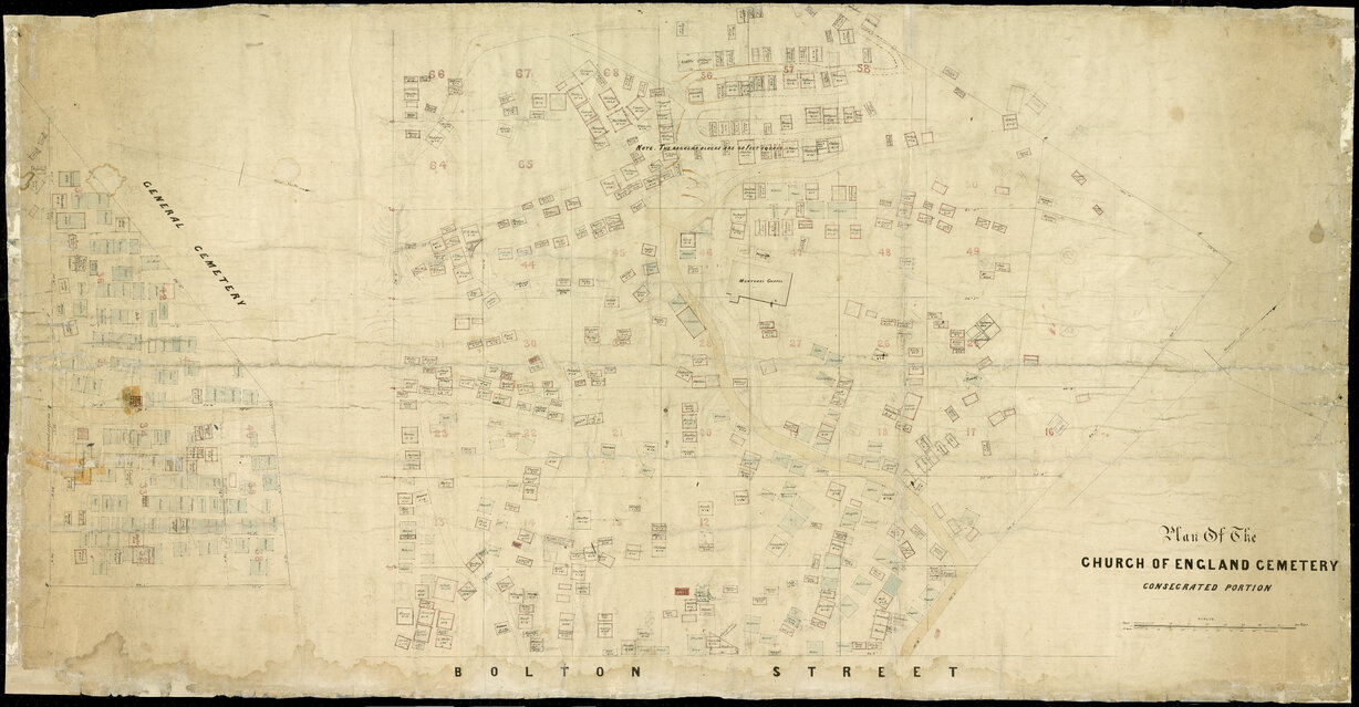 Map of Bolton Street, Sydney St and Church of England cemetery before the motorway