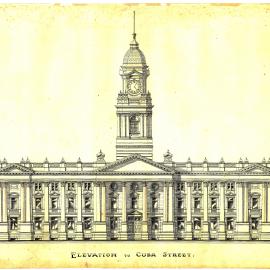 Wellington Town Hall and Municipal Offices Design Competition, winning design, Cuba Street elevation